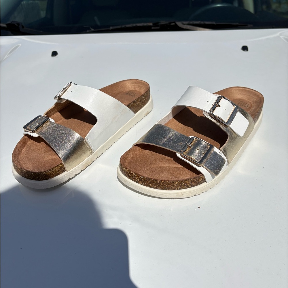 Women's Double Buckle Slide Sandals in White and Rose gold